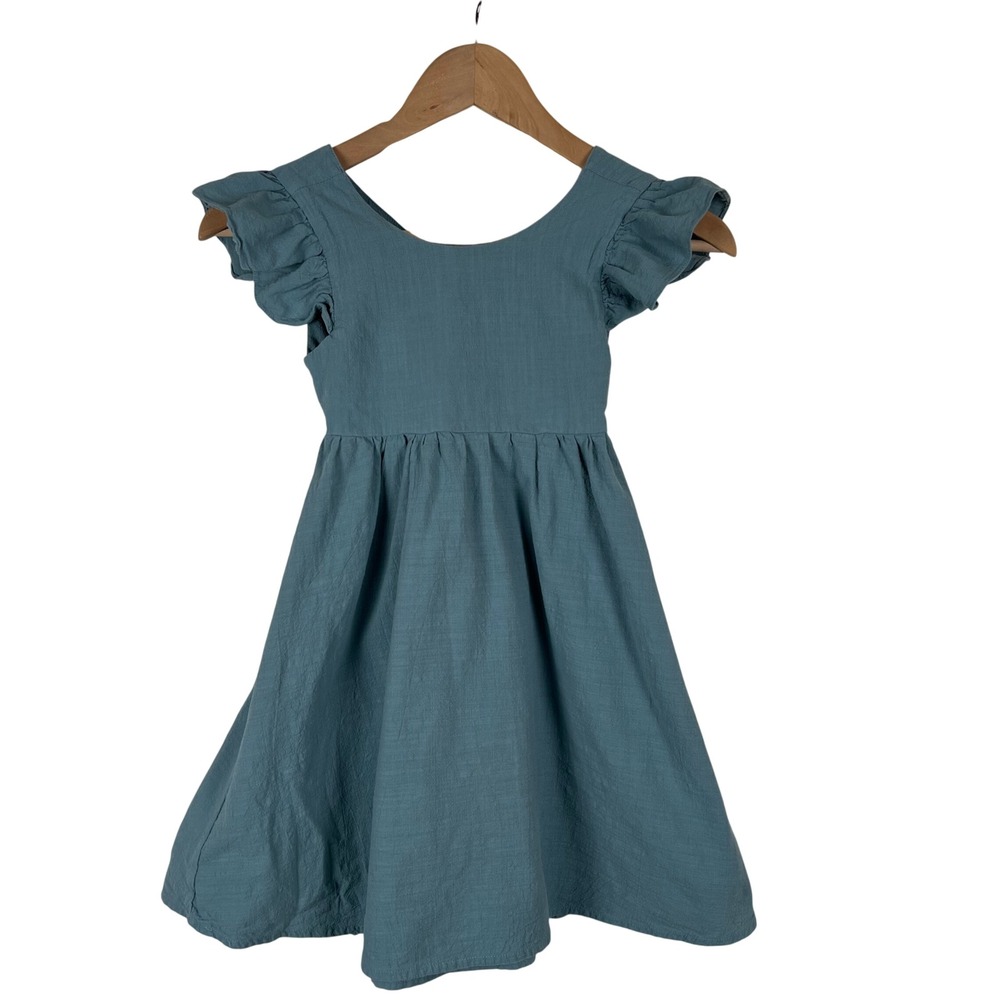 Girls Slate Blue Cotton Gauze Flutter Sleeve Open Back Tie Dress Size 110 5T